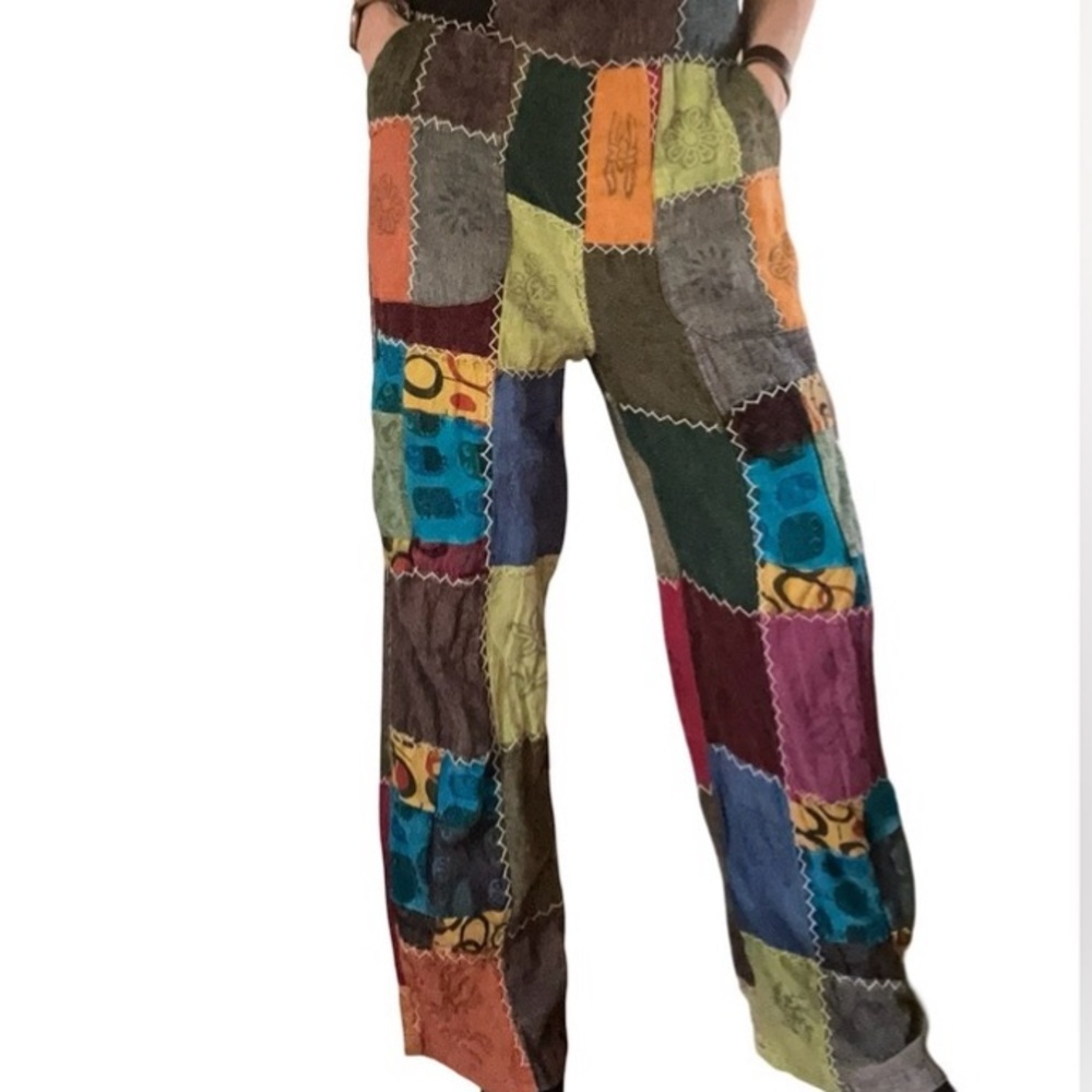 Rising International Boho Hippie Quilt Cross Stitch Block Print Pattern Overalls - Picture 3 of 16